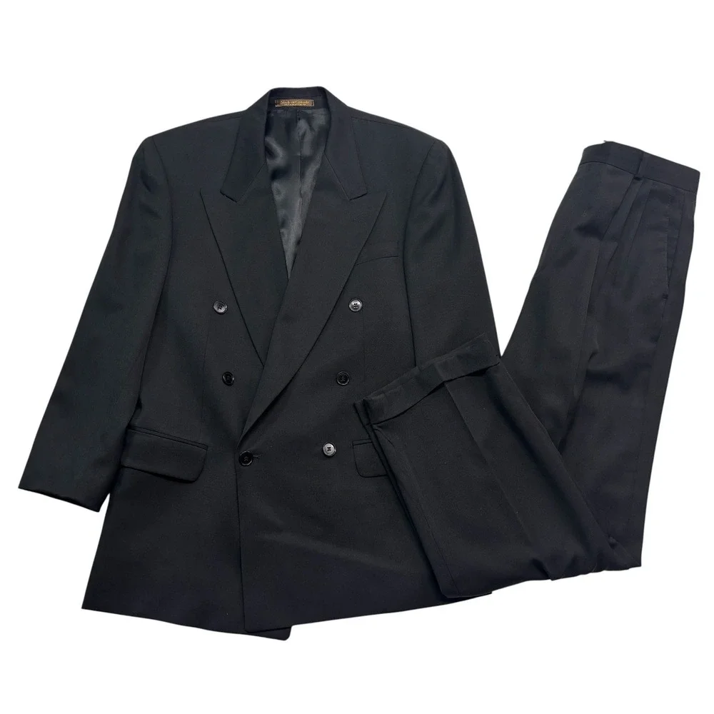 vtg 90s Black Double Breasted 38S 34x30 2pc Pant Suit Wool Pleated Cuffed